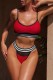 Red Sexy Hot Patchwork Stripe Backless Contrast Swimwears (With Paddings)