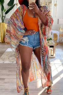 Colour Vacation Print Patchwork Cardigan Collar Outerwear