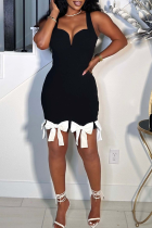 Black Sexy Patchwork Bow Decor Spaghetti Strap Sling Dresses