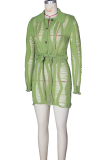 Light Green Sexy Solid Color Hollow Out Buttons Strap Design Turndown Collar Long Sleeve Two Pieces