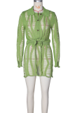 Light Green Sexy Solid Color Hollow Out Buttons Strap Design Turndown Collar Long Sleeve Two Pieces