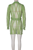 Light Green Sexy Solid Color Hollow Out Buttons Strap Design Turndown Collar Long Sleeve Two Pieces