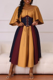 Yellow Casual Daily Patchwork Belted Contrast O Neck Long Dresses