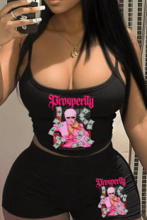 Black Sexy Print Patchwork Spaghetti Strap Sleeveless Two Pieces