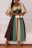 Yellow Casual Daily Patchwork Belted Contrast O Neck Long Dresses