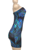 Blue Sexy Hot feather Backless Strapless Wrapped Skirt Dresses