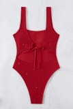 Red Sexy Solid Color Hollow Out Backless Belted Swimwears (With Paddings)