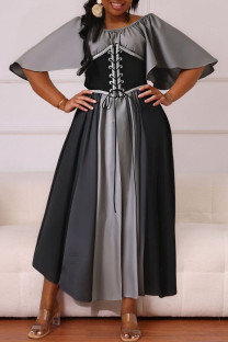 Grey Casual Daily Patchwork Belted Contrast O Neck Long Dresses