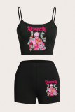 Black Sexy Print Patchwork Spaghetti Strap Sleeveless Two Pieces