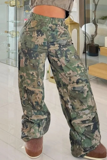 Camouflage Casual Camouflage Print Pocket Zipper Loose Mid Waist Full Print Bottoms