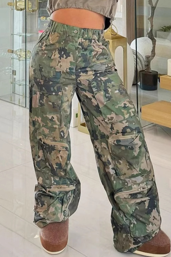 Camouflage Casual Camouflage Print Pocket Zipper Loose Mid Waist Full Print Bottoms