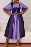 Yellow Casual Daily Patchwork Belted Contrast O Neck Long Dresses