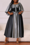 Yellow Casual Daily Patchwork Belted Contrast O Neck Long Dresses