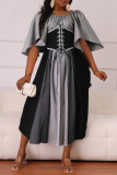 Yellow Casual Daily Patchwork Belted Contrast O Neck Long Dresses