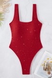 Red Sexy Solid Color Hollow Out Backless Belted Swimwears (With Paddings)