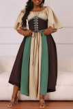 Yellow Casual Daily Patchwork Belted Contrast O Neck Long Dresses