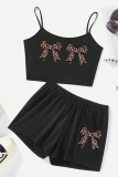 Black Sexy Bow printing Patchwork Spaghetti Strap Sleeveless Two Pieces