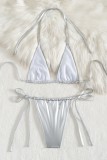 Silver Sexy Solid Color Backless Belted Swimwears (Without Paddings)