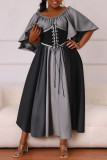 Yellow Casual Daily Patchwork Belted Contrast O Neck Long Dresses