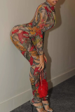 Red Sexy Print Patchwork Backless O Neck Skinny Jumpsuits