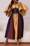 Yellow Casual Daily Patchwork Belted Contrast O Neck Long Dresses