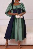 Yellow Casual Daily Patchwork Belted Contrast O Neck Long Dresses