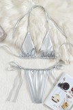 Silver Sexy Solid Color Backless Belted Swimwears (Without Paddings)