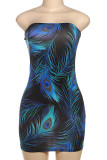 Blue Sexy Hot feather Backless Strapless Wrapped Skirt Dresses