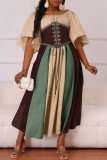 Yellow Casual Daily Patchwork Belted Contrast O Neck Long Dresses
