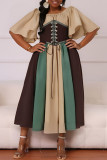 Yellow Casual Daily Patchwork Belted Contrast O Neck Long Dresses