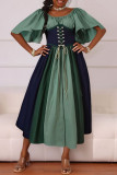 Yellow Casual Daily Patchwork Belted Contrast O Neck Long Dresses