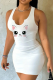 White Sexy Print Patchwork Asymmetrical Collar Wrapped Skirt Dresses
