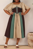Yellow Casual Daily Patchwork Belted Contrast O Neck Long Dresses