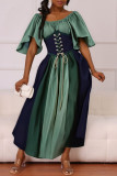 Yellow Casual Daily Patchwork Belted Contrast O Neck Long Dresses