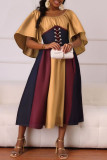 Yellow Casual Daily Patchwork Belted Contrast O Neck Long Dresses