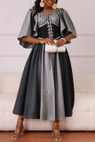 Yellow Casual Daily Patchwork Belted Contrast O Neck Long Dresses