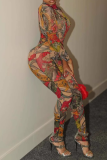 Red Sexy Print Patchwork Backless O Neck Skinny Jumpsuits