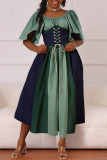 Yellow Casual Daily Patchwork Belted Contrast O Neck Long Dresses