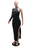 Black Sexy Party Formal Solid Color Slit Hot Drill Half A Turtleneck Long Dresses