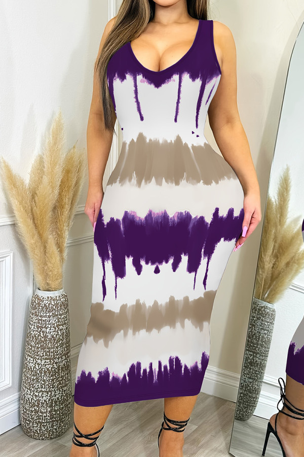 Purple And White Casual Print Patchwork U Neck Wrapped Skirt Dresses