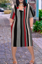 Colour Casual Print Pocket Patchwork V Neck Straight Plus Size Dresses