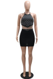 Black Sexy Solid Color Fringed Trim Backless Hot Drill Belted Halter Sleeveless Two Pieces