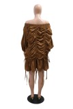 Brown Sexy Solid Color Draw String Lace Up Backless Off Shoulder Long Sleeve Dresses