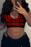 Black Street Letter V Neck High Waist Tops