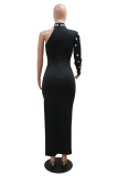 Black Sexy Party Formal Solid Color Slit Hot Drill Half A Turtleneck Long Dresses