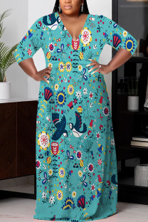 Turquoise Elegant Floral Print With Belt V Neck Printed Plus Size Dresses
