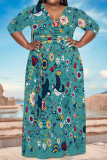 Light Blue Elegant Floral Print With Belt V Neck Printed Plus Size Dresses