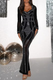 Black Sexy Celebrities Formal Hot Drilling Patchwork Slit Square Neck Long Dresses