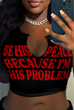 Black Street Letter V Neck High Waist Tops