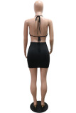 Black Sexy Solid Color Fringed Trim Backless Hot Drill Belted Halter Sleeveless Two Pieces